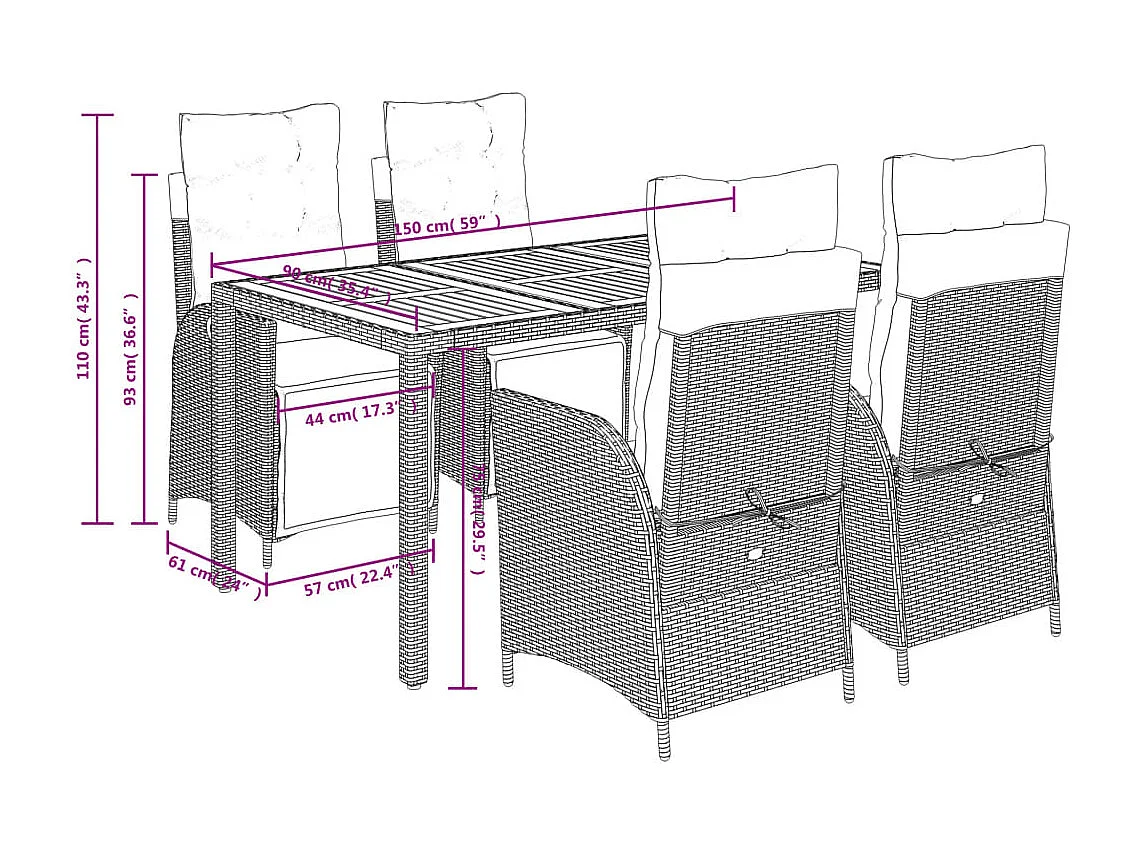 5-delige Tuinset met kussens poly rattan zwart