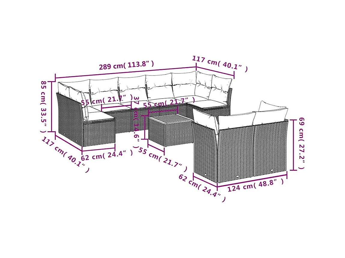 Salon de jardin 10 pcs avec coussins gris résine tressée