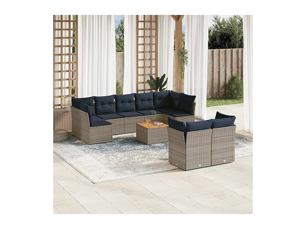 10-tlg. Garten-Sofagarnitur mit Kissen Grau Poly Rattan