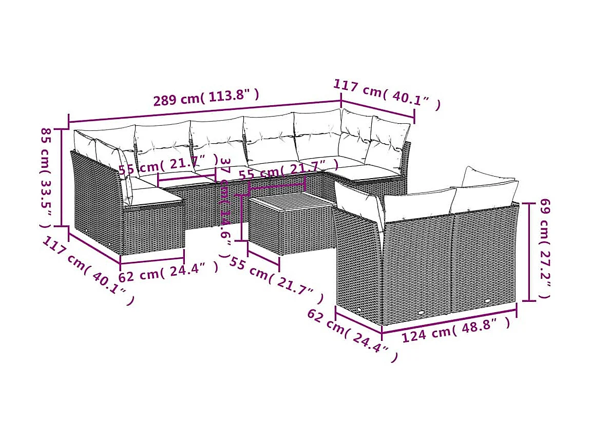 Salon de jardin 10 pcs avec coussins gris résine tressée