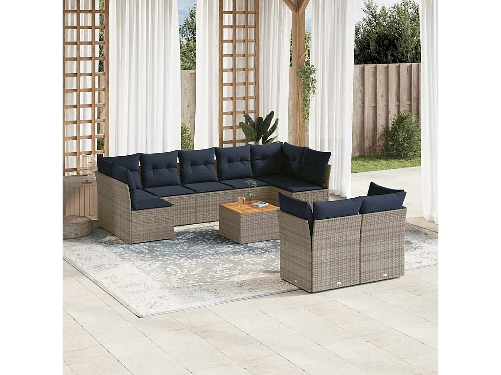 10-delige Loungeset met kussens poly rattan grijs