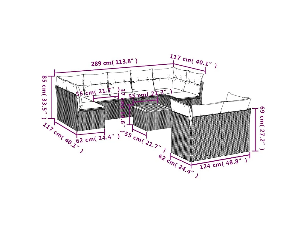 10-delige Loungeset met kussens poly rattan grijs