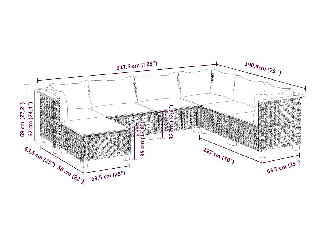 7-tlg. Garten-Sofagarnitur mit Kissen Beige Poly Rattan