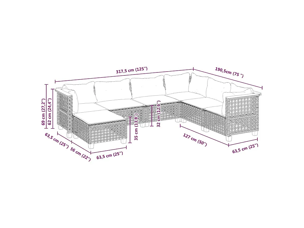 7-delige Loungeset met kussens poly rattan beige