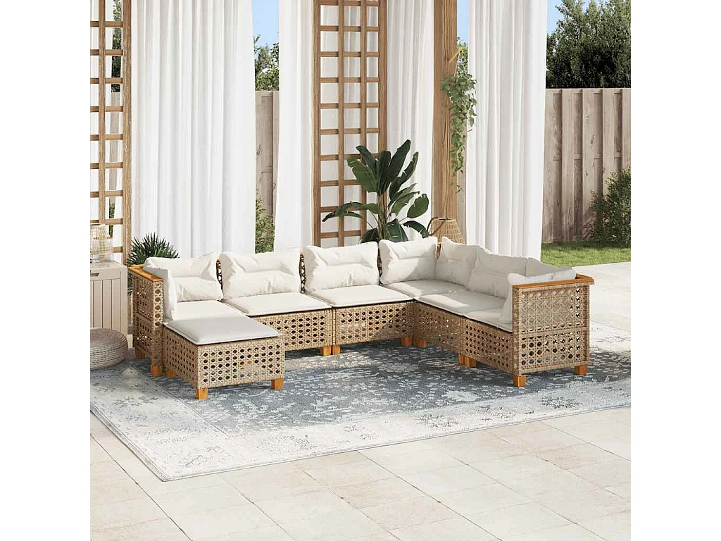 7-delige Loungeset met kussens poly rattan beige