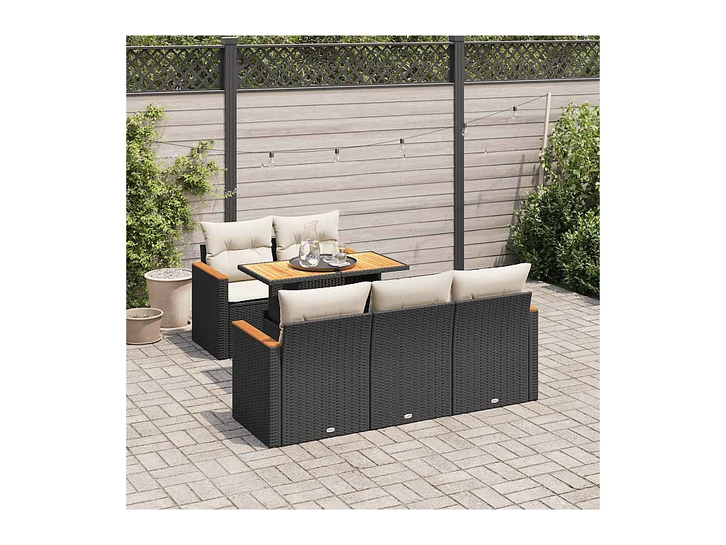Salon de jardin 6 pcs avec coussins noir résine tressée acacia