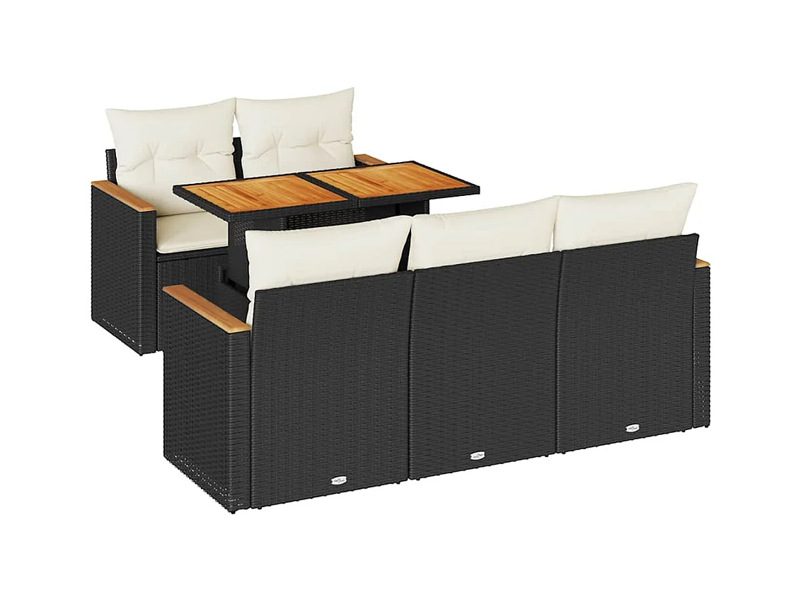 Salon de jardin 6 pcs avec coussins noir résine tressée acacia