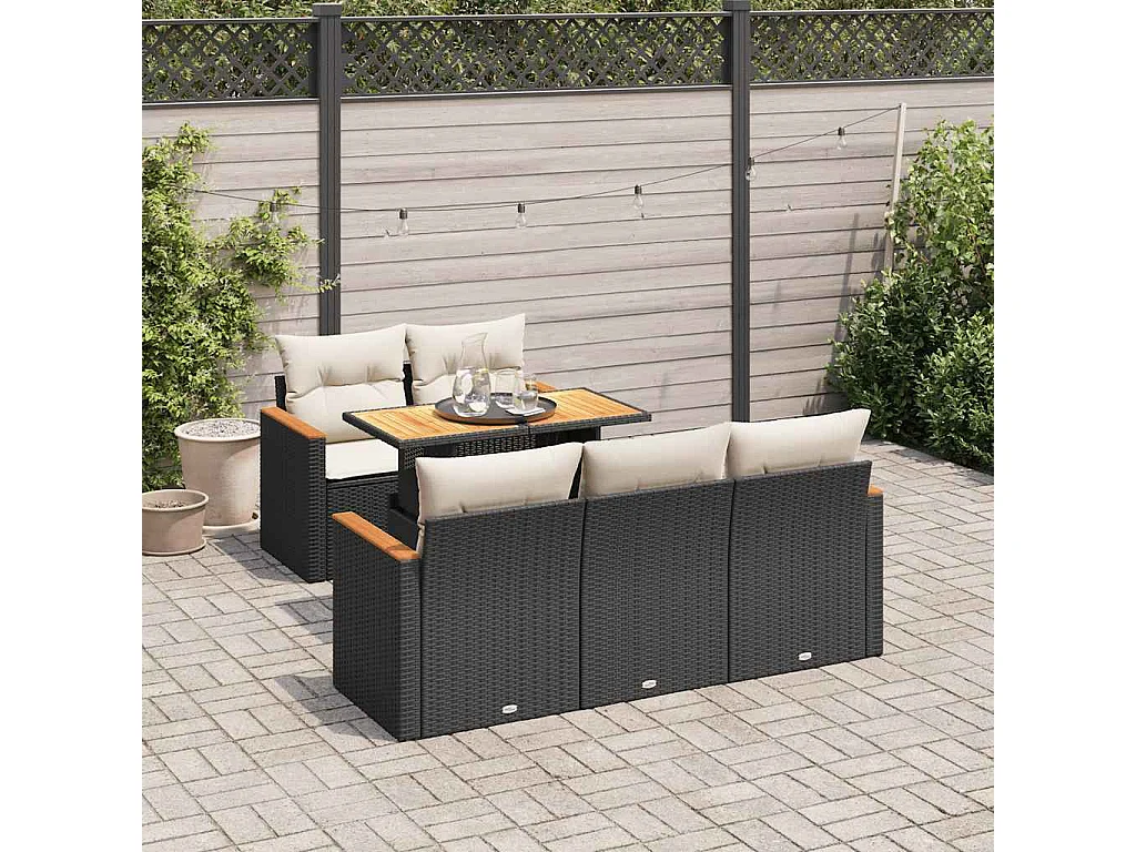 Salon de jardin 6 pcs avec coussins noir résine tressée acacia