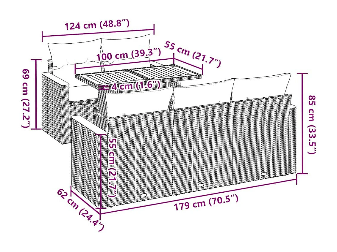 Salon de jardin 6 pcs avec coussins noir résine tressée acacia