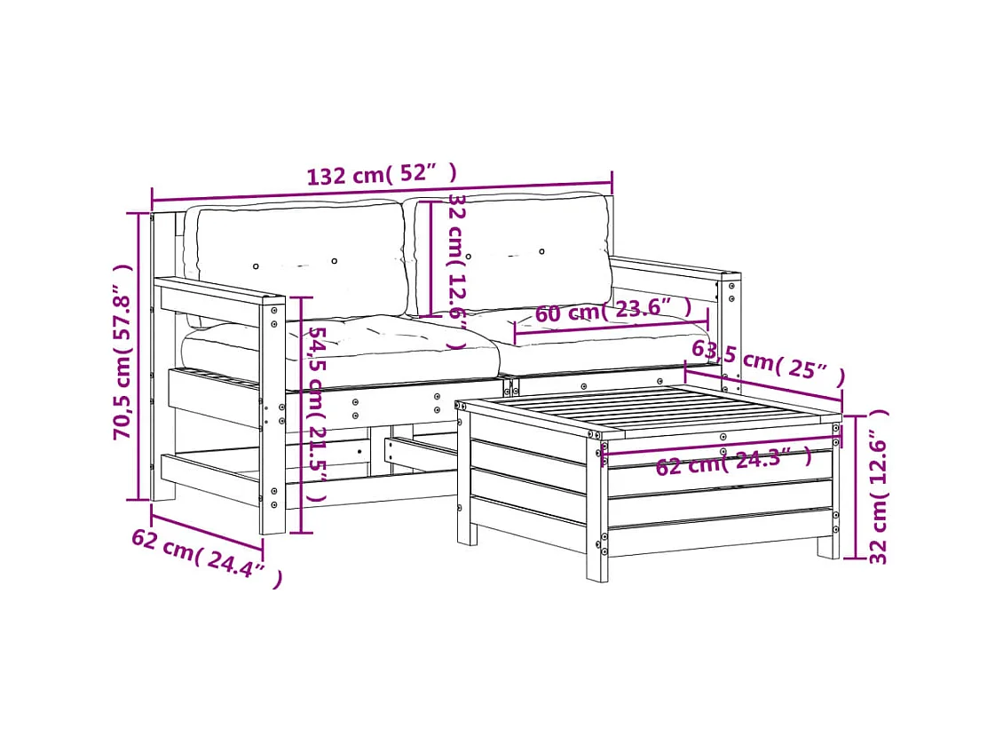 Salon de jardin 3 pcs avec coussins bois massif douglas