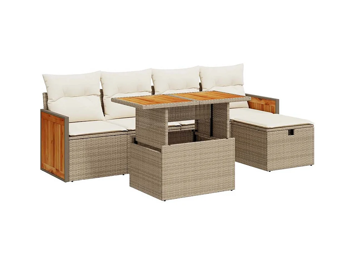6-delige Loungeset met kussens poly rattan beige