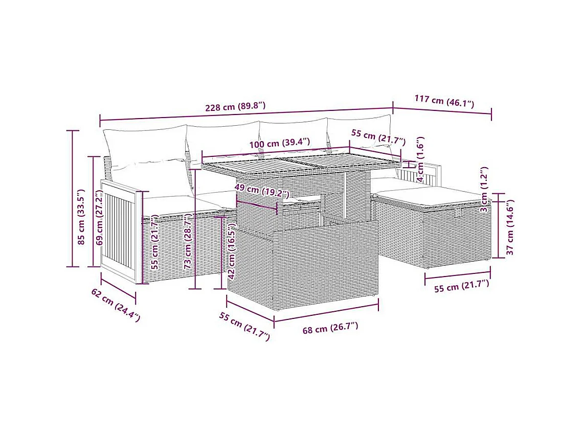 6-delige Loungeset met kussens poly rattan beige