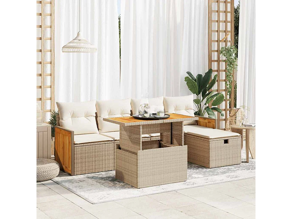 6-delige Loungeset met kussens poly rattan beige