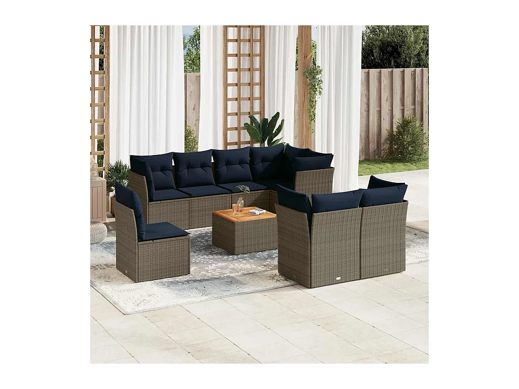 Salon de jardin 9 pcs avec coussins gris résine tressée