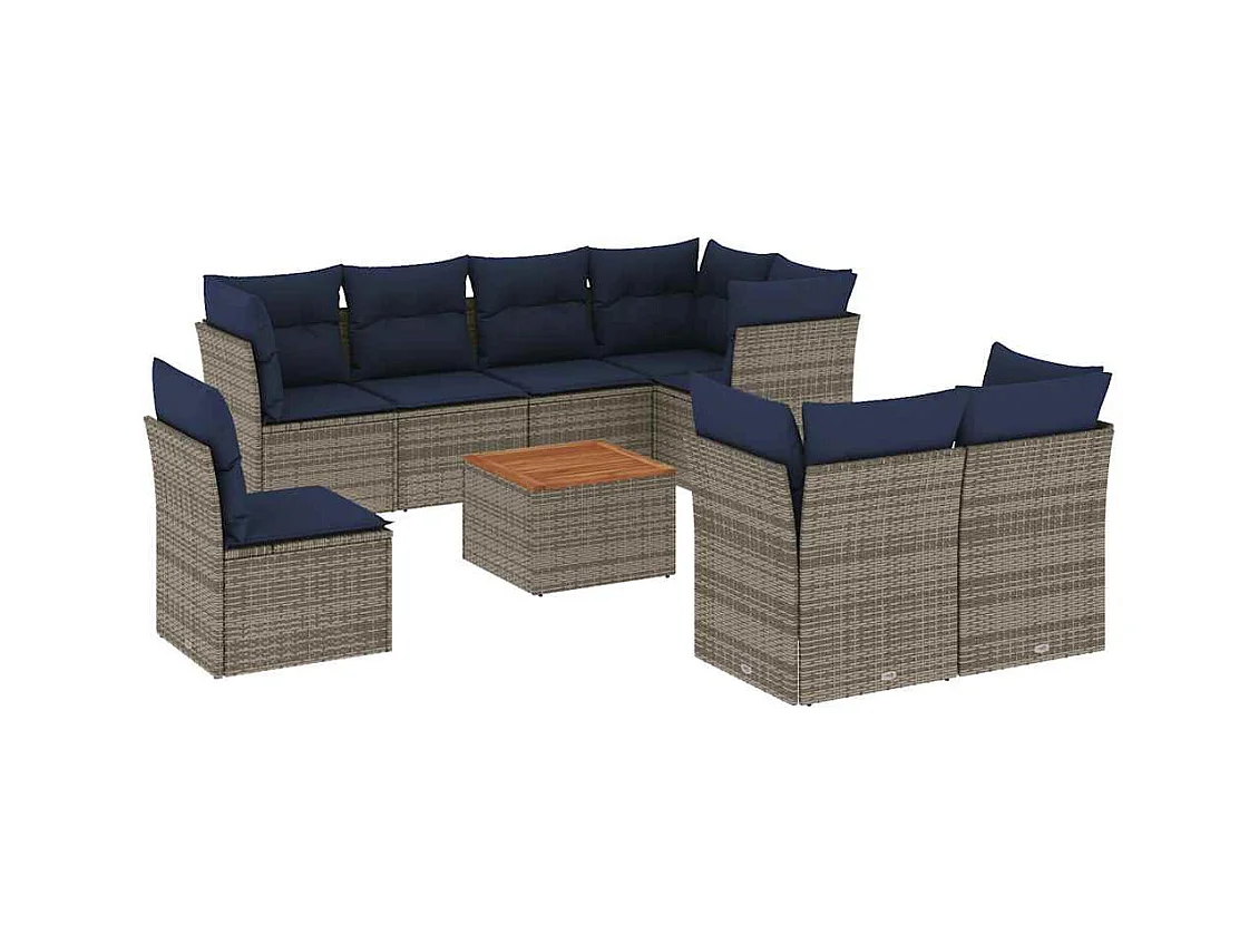 Salon de jardin 9 pcs avec coussins gris résine tressée