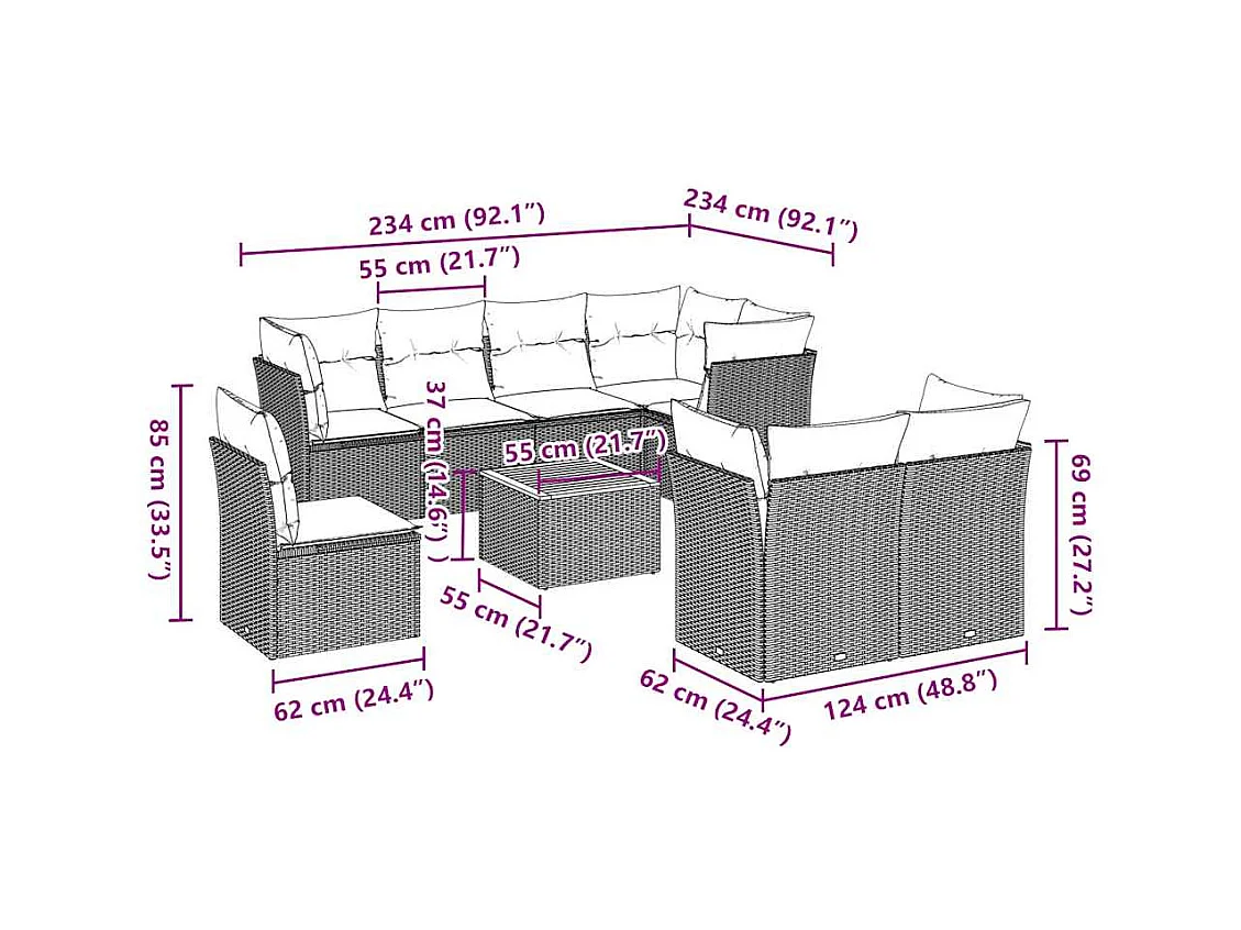 Salon de jardin 9 pcs avec coussins gris résine tressée