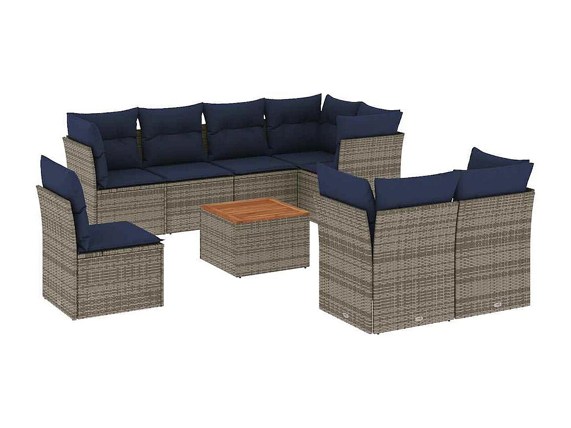 Salon de jardin 9 pcs avec coussins gris résine tressée