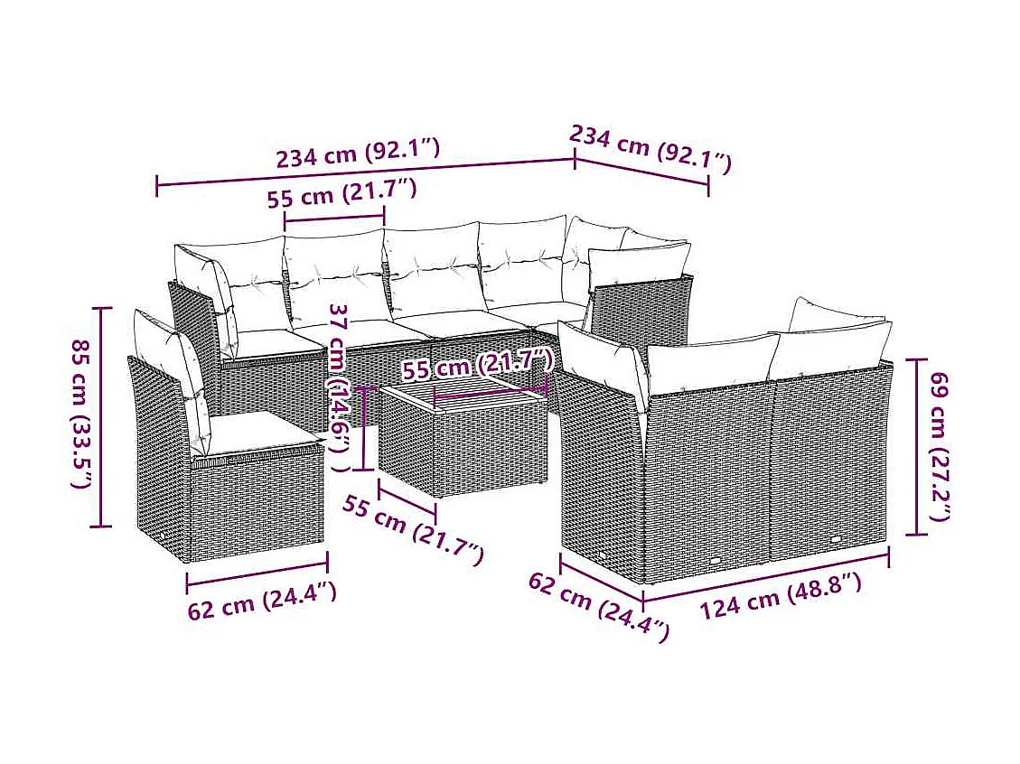 Salon de jardin 9 pcs avec coussins gris résine tressée