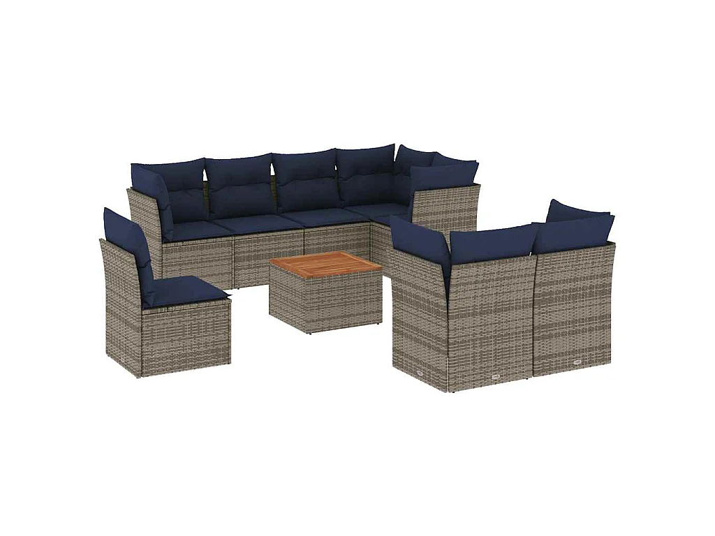 9-tlg. Garten-Sofagarnitur mit Kissen Grau Poly Rattan