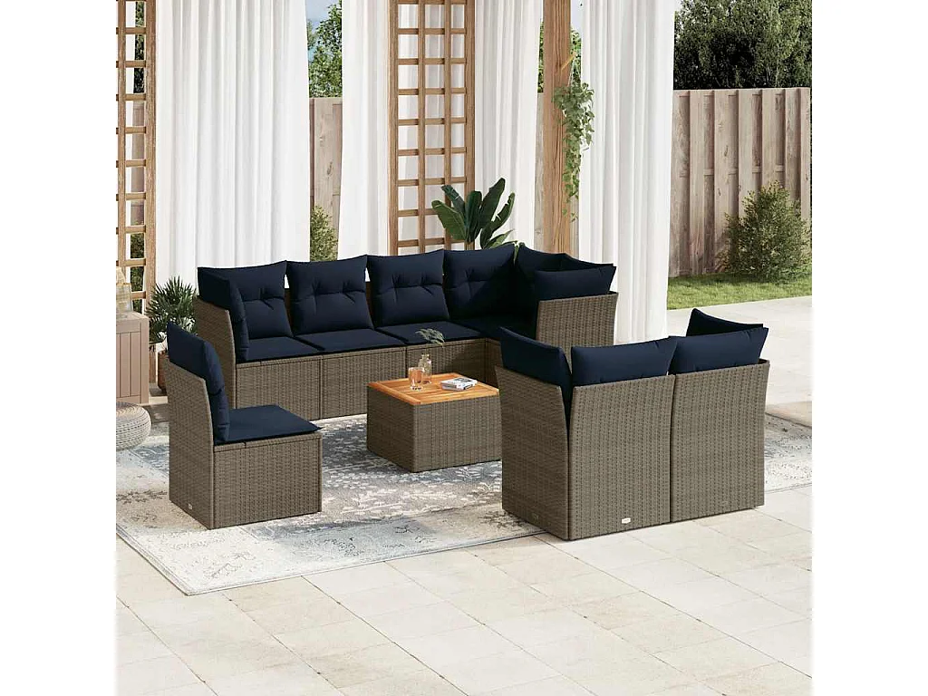 9-tlg. Garten-Sofagarnitur mit Kissen Grau Poly Rattan
