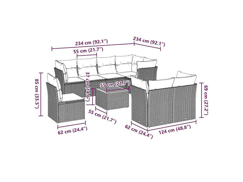 9-tlg. Garten-Sofagarnitur mit Kissen Grau Poly Rattan