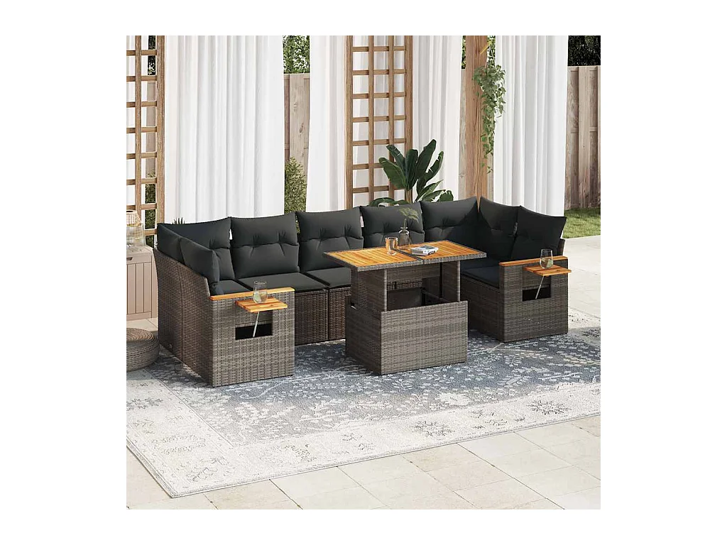 Set Divano da Giardino 8pz con Cuscini Grigio Polyrattan Acacia
