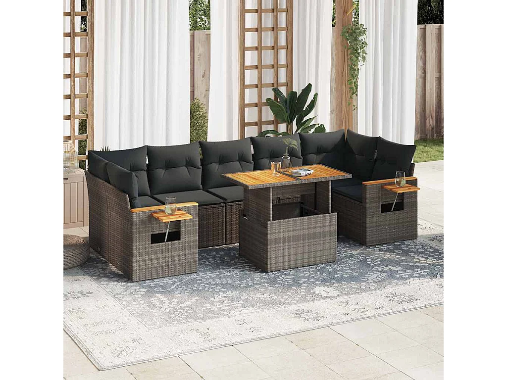 Salon de jardin avec coussins 8 pcs gris résine tressée acacia