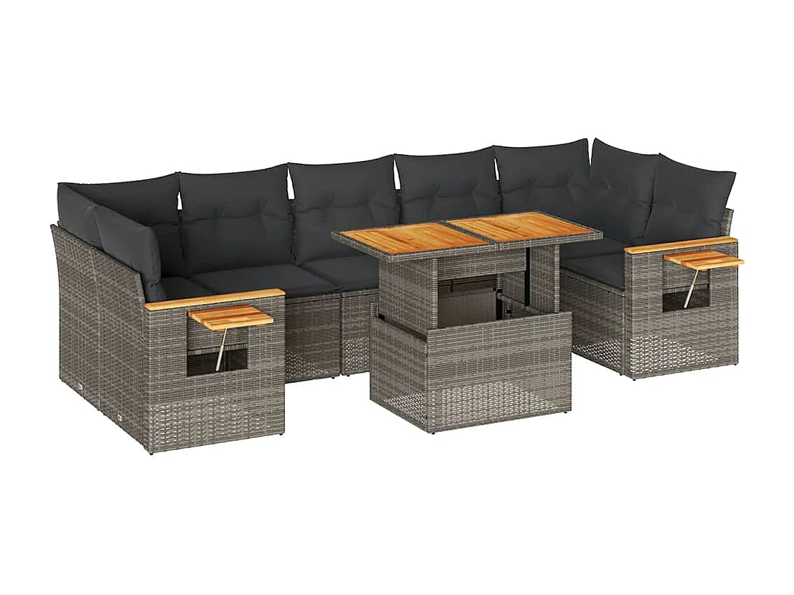 Salon de jardin avec coussins 8 pcs gris résine tressée acacia