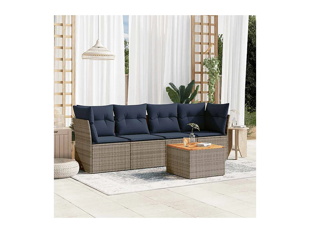 Salon de jardin 5 pcs avec coussins gris résine tressée