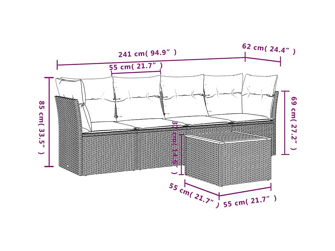 Salon de jardin 5 pcs avec coussins gris résine tressée