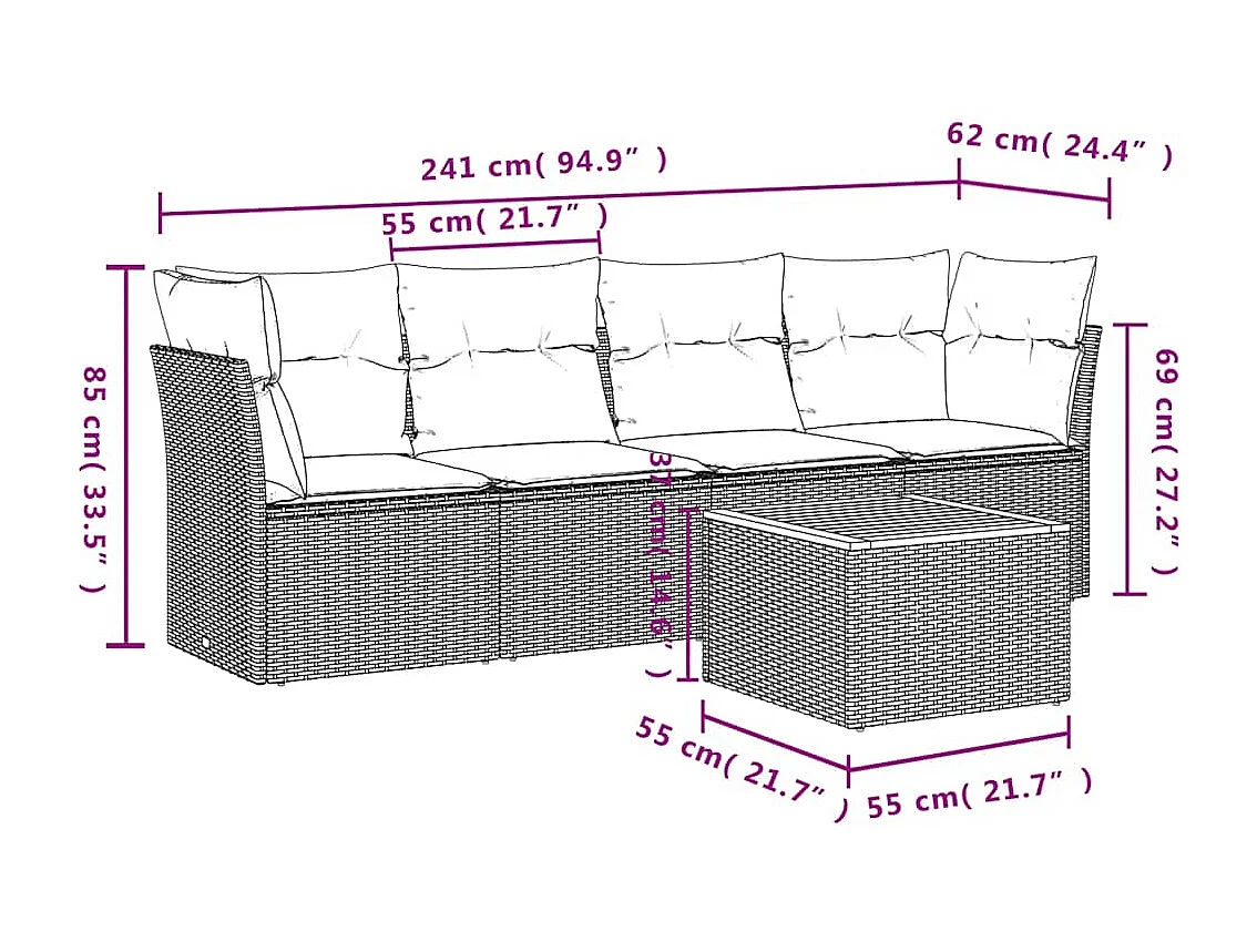 Salon de jardin 5 pcs avec coussins gris résine tressée