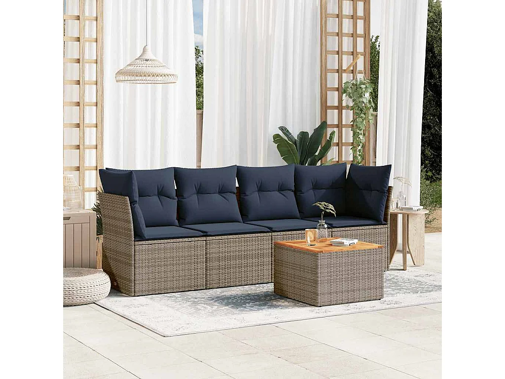 5-tlg. Garten-Sofagarnitur mit Kissen Grau Poly Rattan