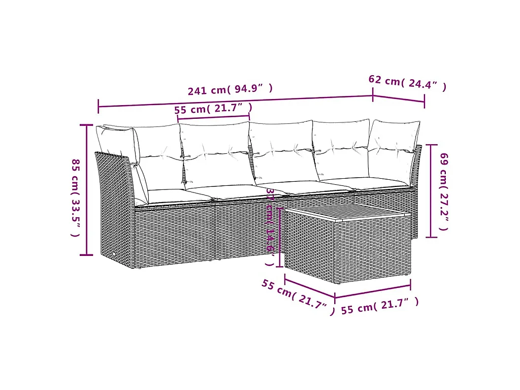 5-tlg. Garten-Sofagarnitur mit Kissen Grau Poly Rattan