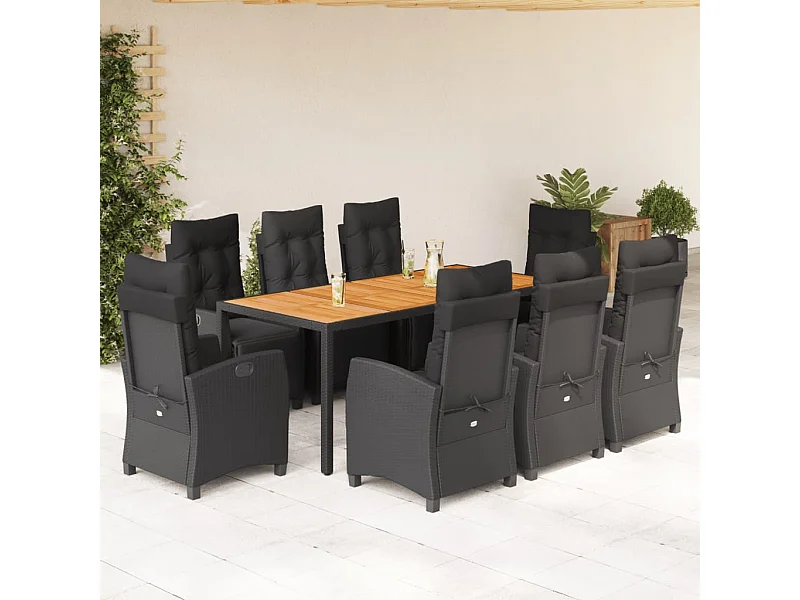 9-tlg. Garten-Essgruppe mit Kissen Schwarz Poly Rattan