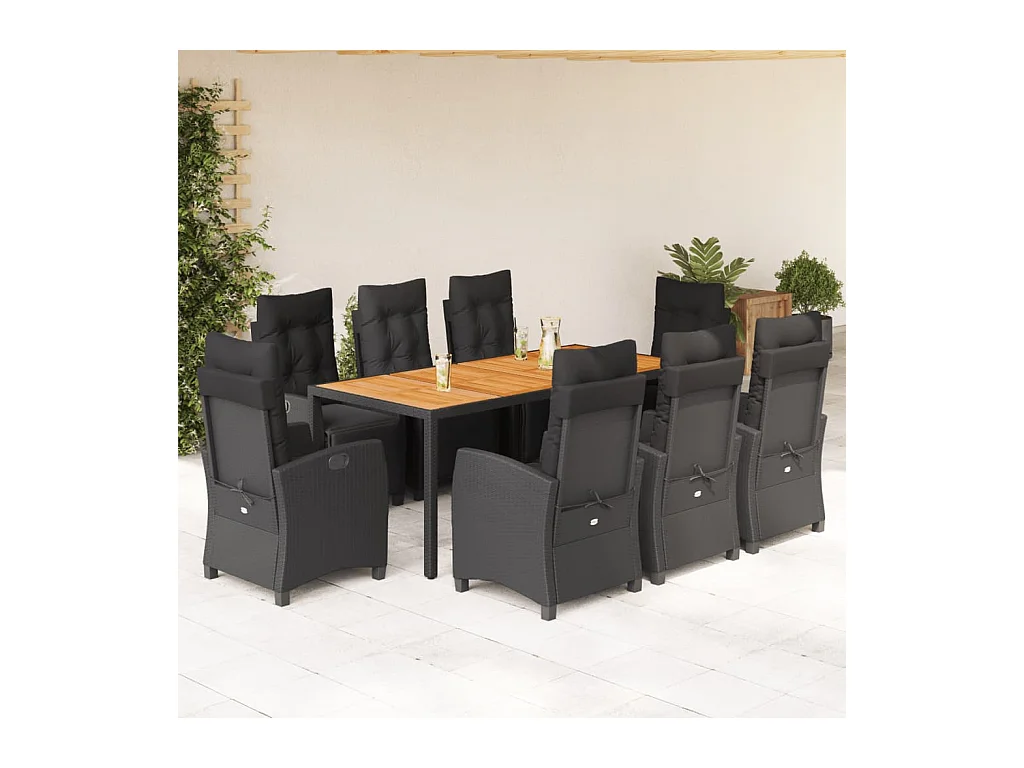 Ensemble à manger de jardin 9pcs coussins noir résine tressée