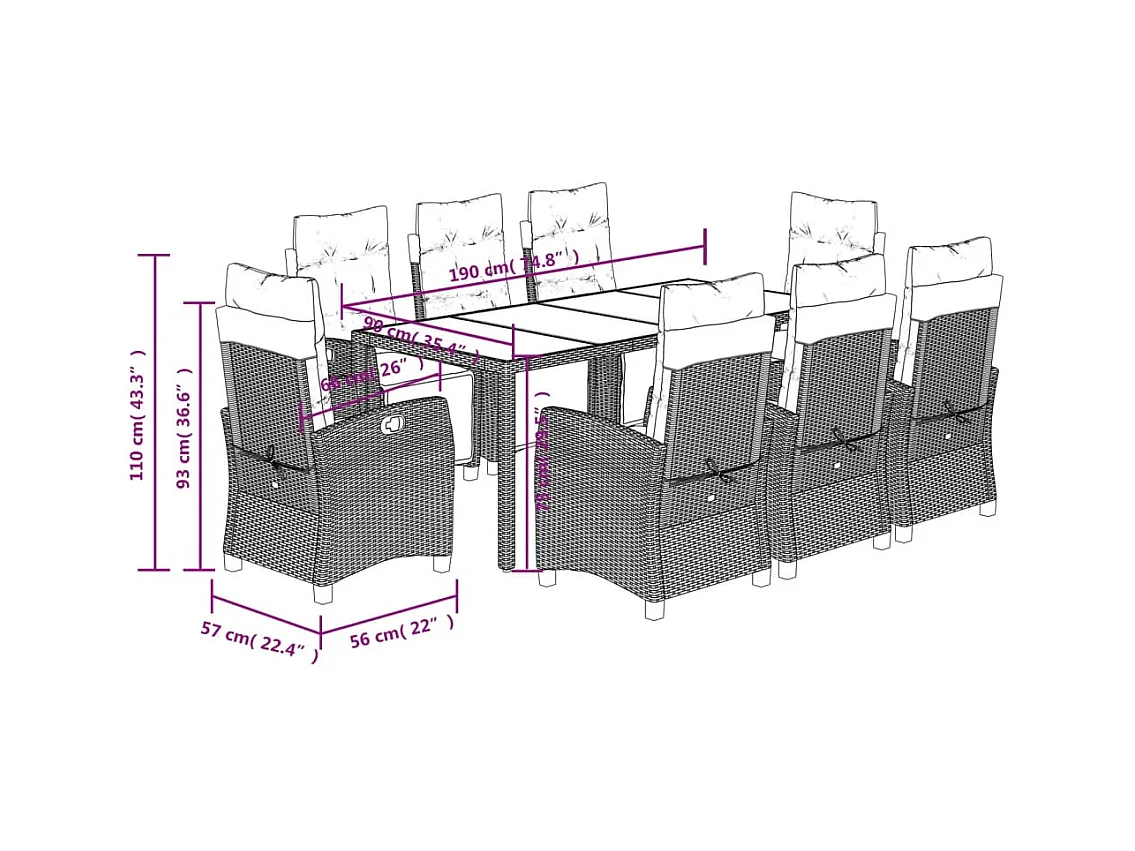Ensemble à manger de jardin 9pcs coussins noir résine tressée