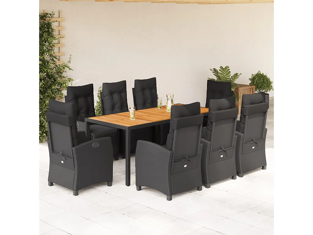 Ensemble à manger de jardin 9pcs coussins noir résine tressée