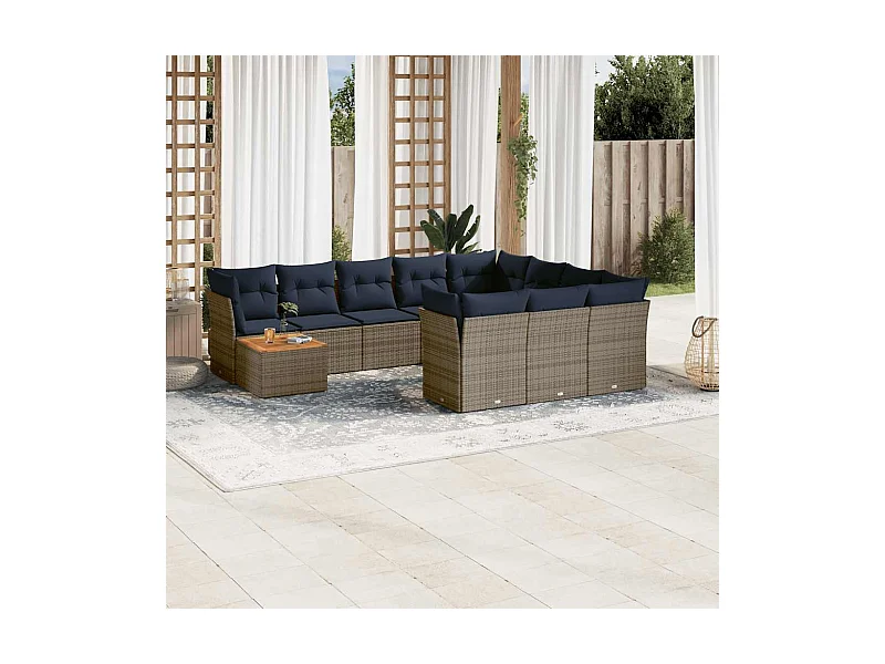 Salon de jardin 11 pcs avec coussins gris résine tressée