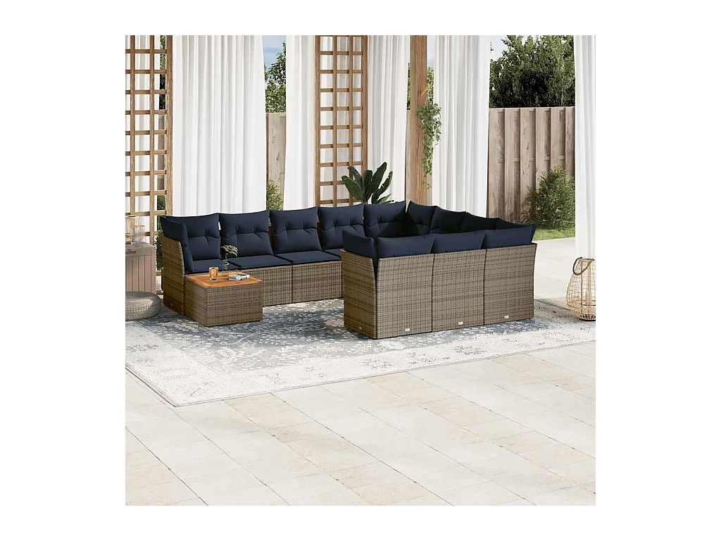 Salon de jardin 11 pcs avec coussins gris résine tressée