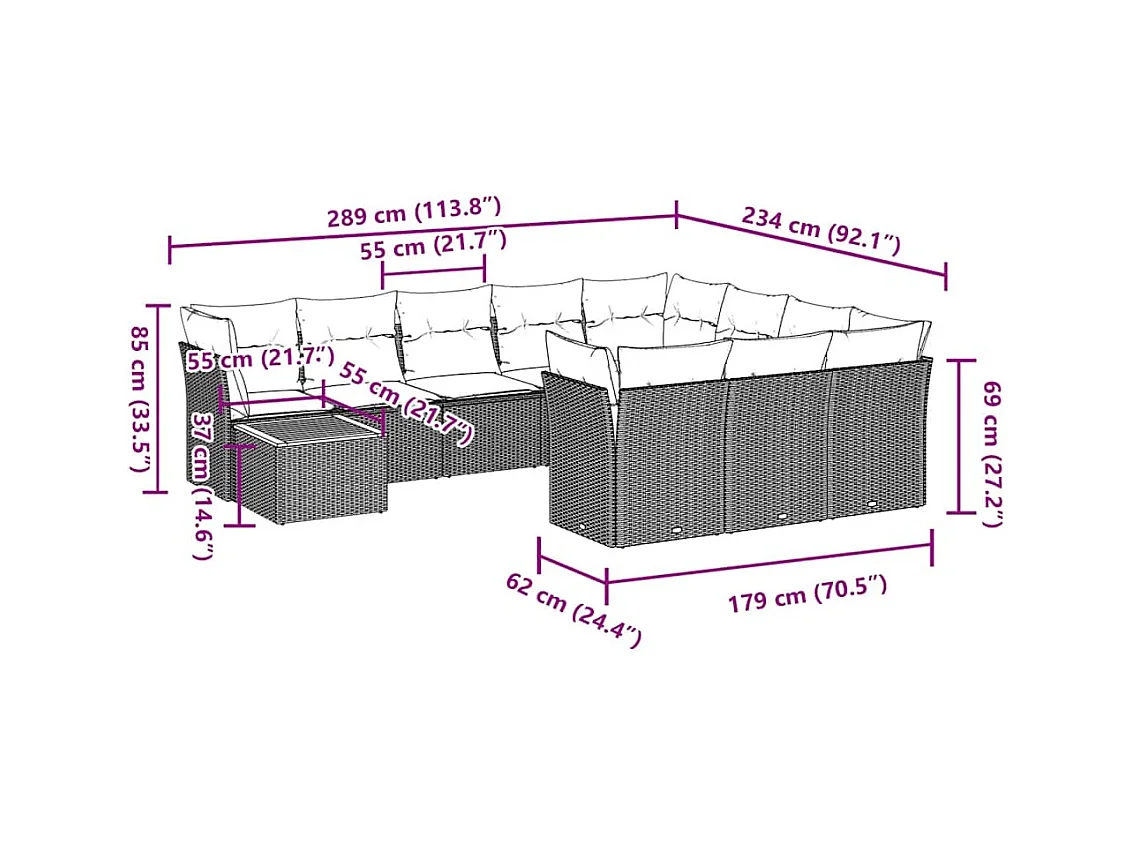 Salon de jardin 11 pcs avec coussins gris résine tressée