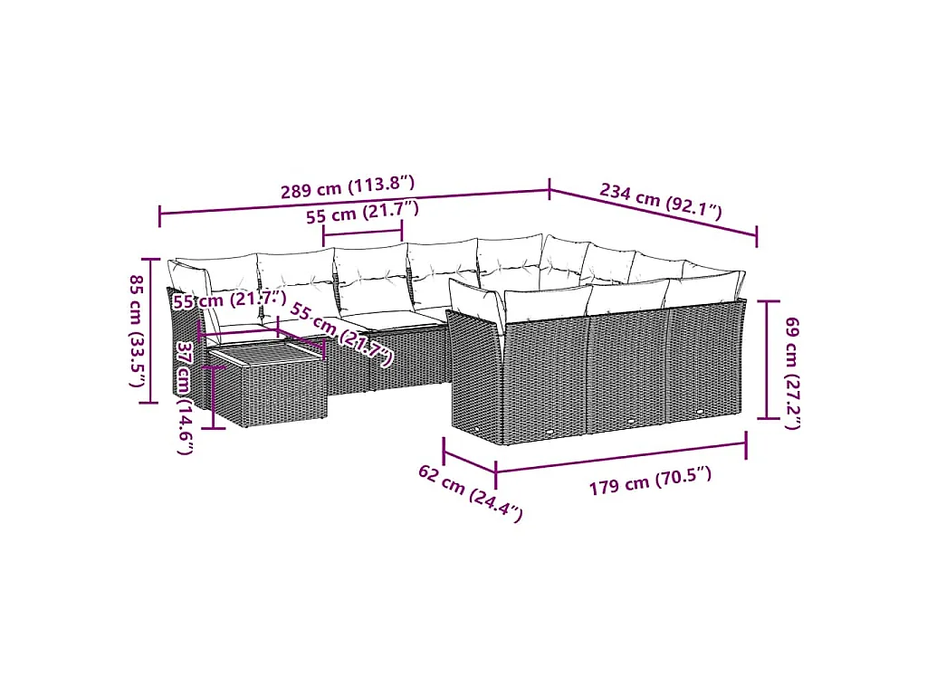 11-tlg. Garten-Sofagarnitur mit Kissen Grau Poly Rattan