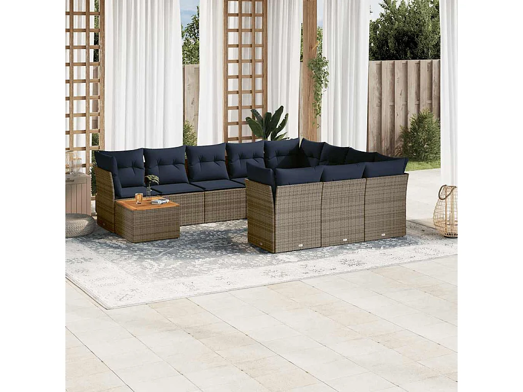 11-tlg. Garten-Sofagarnitur mit Kissen Grau Poly Rattan