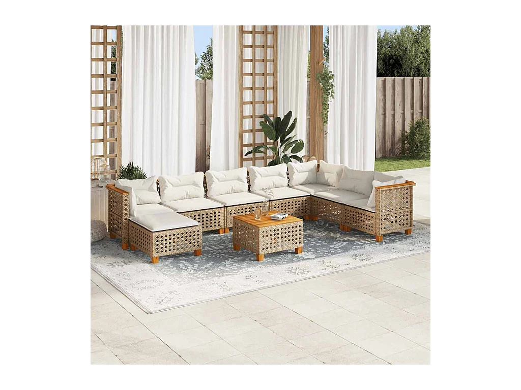 Salon de jardin avec coussins 9 pcs beige résine tressée