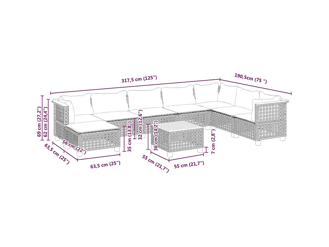 Salon de jardin avec coussins 9 pcs beige résine tressée