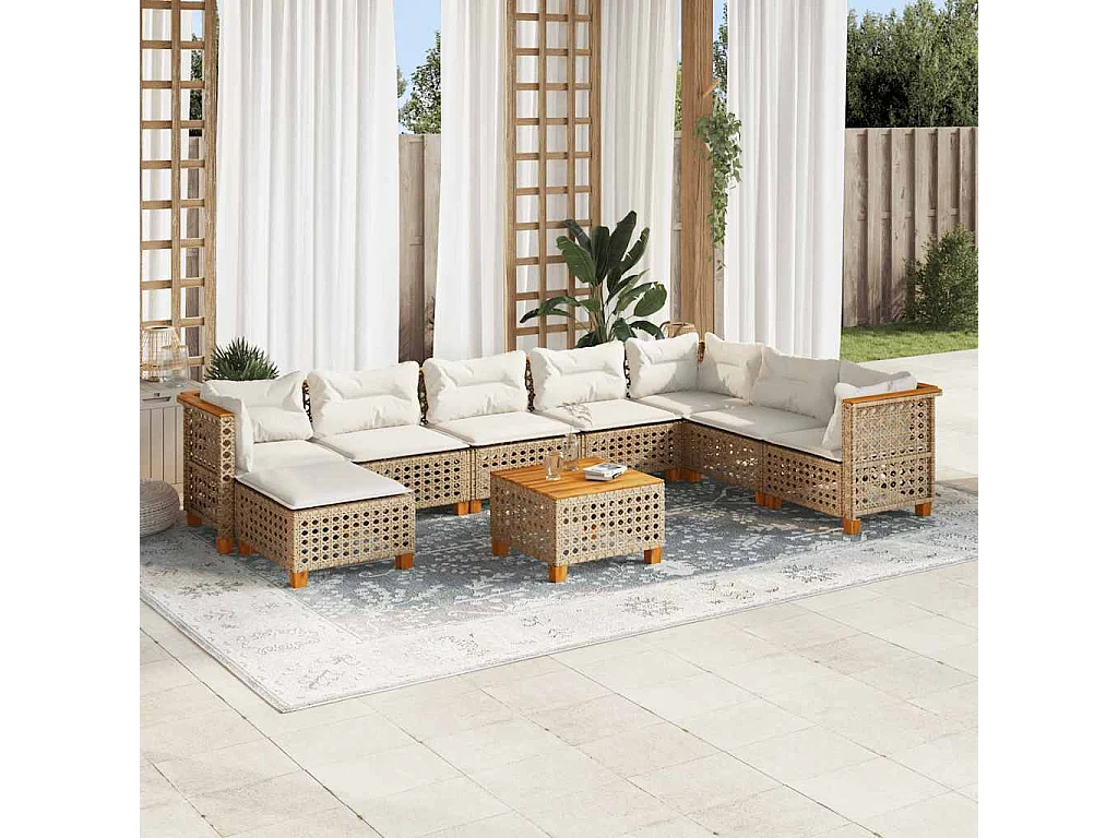 Salon de jardin avec coussins 9 pcs beige résine tressée