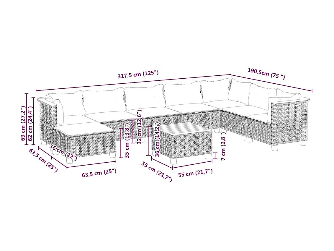 Salon de jardin avec coussins 9 pcs beige résine tressée
