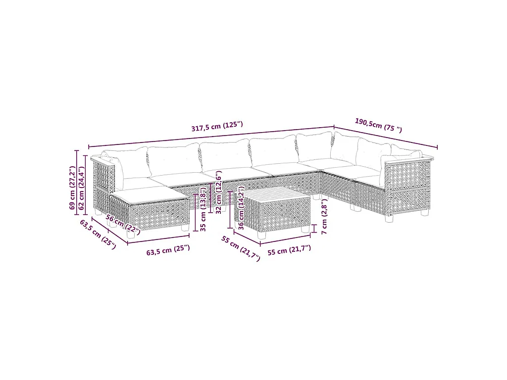 Salon de jardin avec coussins 9 pcs beige résine tressée