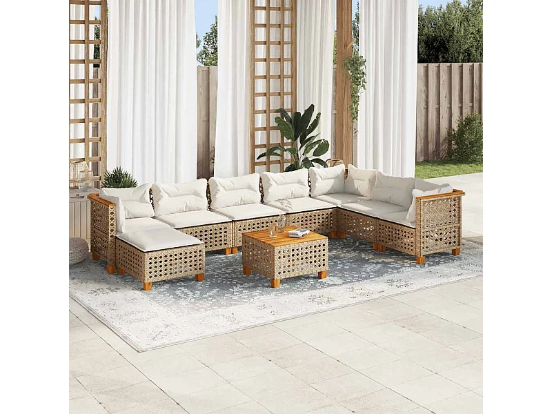 9-tlg. Garten-Sofagarnitur mit Kissen Beige Poly Rattan
