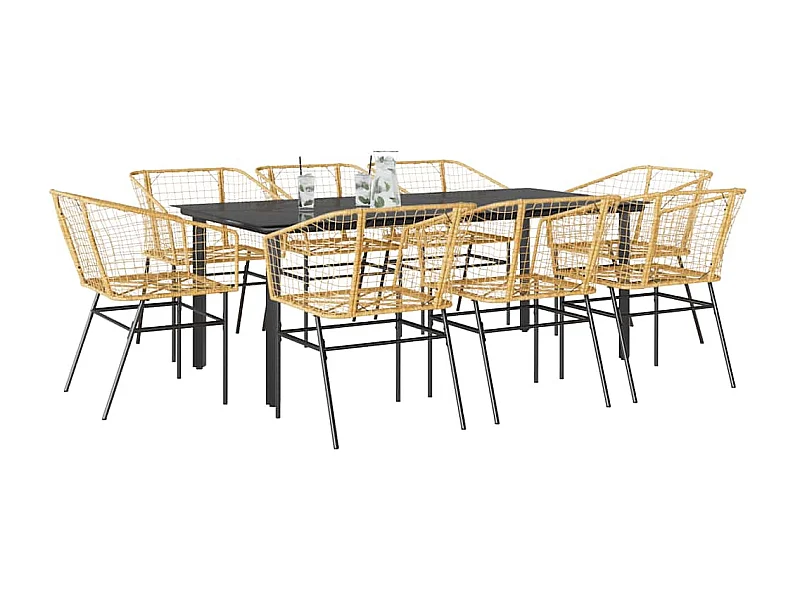 Ensemble à manger de jardin 9 pcs marron résine tressée verre