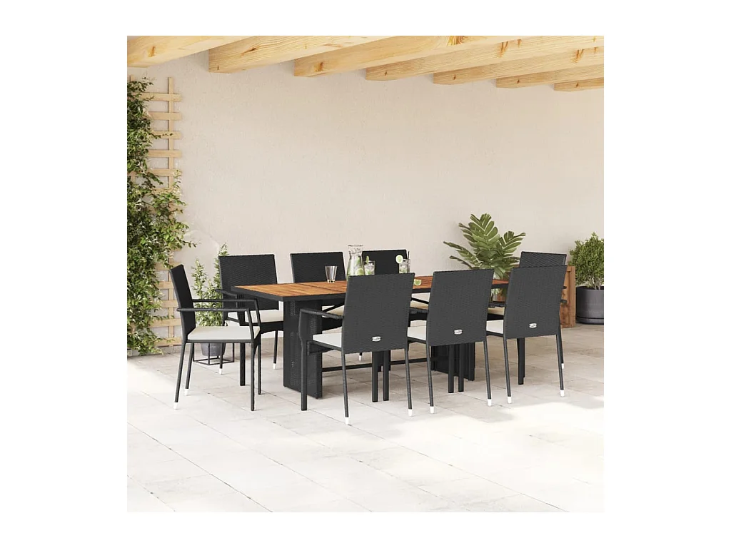 Ensemble à manger de jardin 9pcs coussins noir résine tressée